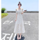 依伊純碎花連衣裙女夏2024新款收腰顯瘦氣質(zhì)方領(lǐng)小清新仙女a(chǎn)字雪紡裙子 圖片色 XL 120-130斤