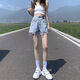 ESCURLTF高腰牛仔短褲女2023夏季新款寬松韓版顯瘦百搭a字破洞闊腿ins熱褲 藍色 2XL