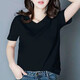 珞妮短袖t恤女顯瘦女裝上衣春夏季新款韓版V領(lǐng)半袖休閑體桖衫 黑色 無(wú)圖案 XL 建議115-125斤