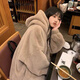 艾柔丹秋冬加絨加厚連帽仿羊羔毛外套女棉襖寬松毛絨棉衣毛茸茸保暖上衣 卡其色 S