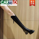 卡帝樂(lè )鱷魚(yú)（CARTELO）真皮長(cháng)筒靴女顯瘦法式高筒靴子2025早秋新款秋冬中筒高跟長(cháng)靴 黑色加絨 36