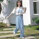 戀的夏季套裝女生短袖T恤女學(xué)生寬松韓版少女高中初中生新款夏天衣服 潮流白色房子上衣+藍色褲子 均碼
