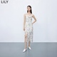 LILY【專(zhuān)柜甄選】夏新款女裝別致印花洋氣蕩領(lǐng)吊帶裙連衣裙女 604米白 S