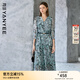 顏域氣質(zhì)印花七分袖連衣裙女2025春季新款簡約V領顯瘦百搭中長裙 藍花 XL