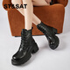 星期六厚底馬丁靴女粗跟加絨增高機車(chē)靴英倫風(fēng)百搭通勤短靴 黑色 37 