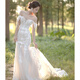 季節(jié)里蕾絲婚紗魚尾抹胸輕法式2024新款新娘出門主紗感迎賓禮服訂婚 小拖尾一字肩款送頭紗手套 S