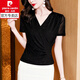 皮爾卡丹（pierre cardin）時(shí)尚網(wǎng)紗短袖T恤女夏2025新款洋氣修身顯瘦小衫夏裝上衣休閑時(shí)尚 黑色 XL 116-125斤
