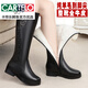 卡帝樂鱷魚（CARTELO）真皮羊毛棉靴子長筒靴女冬靴平底中筒靴中年女士媽媽高筒長靴大碼 黑色 【全牛皮+加厚全羊毛到腳尖】 38
