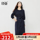 歐莎法式風(fēng)琴褶圓領(lǐng)連衣裙女2025秋季新款高級(jí)感收腰顯瘦長裙 藏藍(lán)色 S