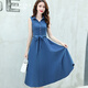 淳咪娜名媛連衣裙女夏顯瘦中長(cháng)款過(guò)膝棉裙子明星同款小香風(fēng)女士顯瘦棉麻 藍色  M - 92斤以下