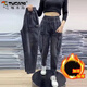 啄木鳥(niǎo)單/加絨 高腰牛仔褲女秋冬哈倫褲寬松水洗垮褲深色蘿卜休閑褲女 黑灰色-【加絨】 加厚 2XL 建議131-140斤