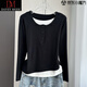 DAVEY MODE假兩件長(cháng)袖t恤2025新款早初秋冬季薄款內搭打底衫女寬松外穿上衣 黑色單件 2XL (建議125-140斤)