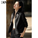 凱撒;KAISER皮衣女真皮翻領(lǐng)收腰小羊皮單皮外套春季新款海寧皮革城皮夾克女裝 黑色 L