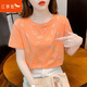紅蜻蜓 2025年純棉短袖t恤女潮春夏季女裝新款韓版印花短袖女上衣T恤 橘色 L