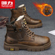 回力馬丁靴男款2025新款冬季高幫加絨保暖棉鞋復古英倫機車(chē)工裝靴皮靴 棕色（加絨款） 41
