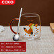 CCKO 玻璃杯 家用兒童牛奶杯帶刻度耐熱帶把手果汁杯水杯茶杯咖啡杯 350ML（橙色）+13CM攪拌勺