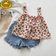 G.duck女童夏裝套裝女寶寶裙子夏季分體衣服一歲女童夏款童裝0-3歲小孩 紅花吊帶+短褲 80 cm(80cm)