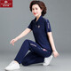 俞兆林（YUZHAOLIN）媽媽裝中年媽媽夏裝運動服套裝女洋氣新款上衣中老年夏季短袖t恤 TL2268深藍色(長褲立領(lǐng)套裝)-63# 2XL 125-140斤