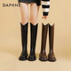 達芙妮V口長(cháng)筒靴女2026春季爆款英倫風(fēng)厚底彈力高筒靴百搭保暖時(shí)裝靴子 黑色【顯瘦V口】 37