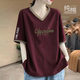 憶菲蘭純棉短袖t恤女2026夏季新款中長(cháng)款V領(lǐng)拼色印花寬松短袖t恤上衣女 紅色【W(wǎng)字母】拼色V領(lǐng) XL 建議120-140斤