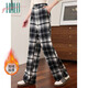 Halo Queen加絨休閑褲女秋冬格子韓版加厚寬松百搭顯瘦潮流闊腿褲H144K3004