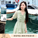 香影v領(lǐng)連衣裙女2025夏季新款風(fēng)琴褶泡泡袖薄荷曼波穿搭綠色裙子 果綠 L