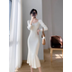 禾戀淑針織連衣裙女秋季配大衣長(cháng)裙打底裙子內搭小香風(fēng)毛衣裙魚(yú)尾包臀裙 V領(lǐng)修身針織連衣裙【米白色】 均碼