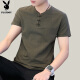 花花公子（PLAYBOY）短袖T恤男夏季男士潮流V领半袖棉麻衣服中国风男装 绿色 XL 