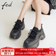 FED絲綢牛皮女鞋春季2025松糕厚底運動(dòng)休閑鞋女款蝴蝶結網(wǎng)面老爹鞋女 黑色 36