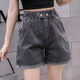 VEOX女松緊腰闊腿牛仔短褲女2025夏季新款高腰寬松顯瘦a字彈力牛仔 889#黑灰色 2XL 建議125-135斤