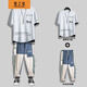 【上衣+褲子】短袖套裝男夏季新款七分袖t恤男生九分褲套裝男韓版潮流學(xué)生寬松嘻哈帥氣青少年一套衣服 D05白+716藍褲 XL
