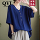 QVI高端品牌 亞麻短袖t恤女2025夏季新款寬松大碼減齡顯瘦棉麻上衣 藍色 L 【100-140斤】
