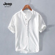 JEEP SPIRIT吉普T恤男士亞麻短袖套頭夏季圓領(lǐng)中國風(fēng)立領(lǐng)棉麻布體恤衫白色薄 白色 L