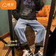 棉致美式加絨加厚牛仔褲男秋季新款高街煙灰色休閑闊腿褲直筒休閑褲子 淺藍色【F228加絨高品質(zhì)29】 3XL 150-165斤
