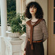 Olrain歐芮兒咖色條紋毛衣女初秋年新款麻花披肩兩件裝針織衫 咖色 XL