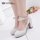 歌班婭 法式少女單鞋高跟鞋2022新款春季粗跟學(xué)生走秀防水臺洛麗塔 911米色 蝴蝶結 36 偏小