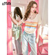 妖精的口袋彩虹條紋冰絲短袖針織衫女24夏新款多巴胺開(kāi)衫甜美上衣 繽紛米白彩條 S