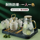 青蘋果 錘紋水杯簡約杯子帶把泡茶杯客廳家用耐熱玻璃杯清新森系牛奶杯 6色彩柄杯+冰晶壺+架+莫蘭迪盤