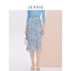 JESSIE氣質(zhì)系帶不規則裙擺中長(cháng)款印花半身裙女秋 藍色 M