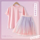 NICKYBABY連衣裙女童夏季半身裙洋氣中大童網(wǎng)紗蓬蓬裙新款夏裝兒童短袖套裝 4118漸變色+3431粉色【套裝】 120 cm