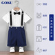 GOKU男童禮服套裝六一兒童節演出服夏季帥氣主持人西服鋼琴表演服花童 藍褲子+襯衫+黑領(lǐng)結+背帶+襪子 110 （建議體重30-37斤）