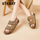 星期六（St&Sat）平底涼鞋女2024夏季新款外穿魔術(shù)貼勃肯露趾沙灘鞋時(shí)尚女鞋子 駝色 34