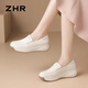 ZHR頭層牛皮樂(lè )福鞋女厚底增高單鞋女通勤百搭媽媽鞋 S336 米色 37 