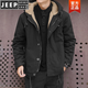 JEEP SPIRIT羊羔絨外套男短款寬松保暖連帽工裝棉服休閑冬季加絨加厚棉衣 黑色 2XL 170斤左右