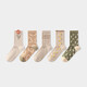 耐爾襪子女秋ins設計師款森系復古駝綠花秋冬中筒潮襪 【5雙裝】駝綠花朵組合女襪 均碼