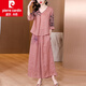 皮爾卡丹（pierre cardin）棉麻休閑褲套裝女時(shí)尚洋氣時(shí)髦民族風(fēng)夏裝苧麻上衣亞麻闊腿褲 粉紅色套裝 2XL