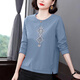 綺敏中年媽媽長(cháng)袖T恤女純棉春秋裝寬松新款洋氣上衣中老年全棉打底衫 藍色圖騰 3XL 建議128-138斤