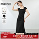 尚都比拉方領(lǐng)收腰針織連衣裙女夏季修身收褶顯瘦中長(cháng)款裙子 優(yōu)雅黑 M
