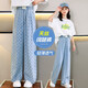小豬彼特（PIG&PETER）女童闊腿褲夏季兒童褲子薄款女孩天絲牛仔褲直筒夏裝中大童防蚊褲 15040淺藍(lán)格 160 cm