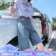 KULLA五分牛仔短褲女夏季2023年新款高腰5分褲薄款寬松顯瘦直筒褲中褲 復古藍 XL建議115-130斤